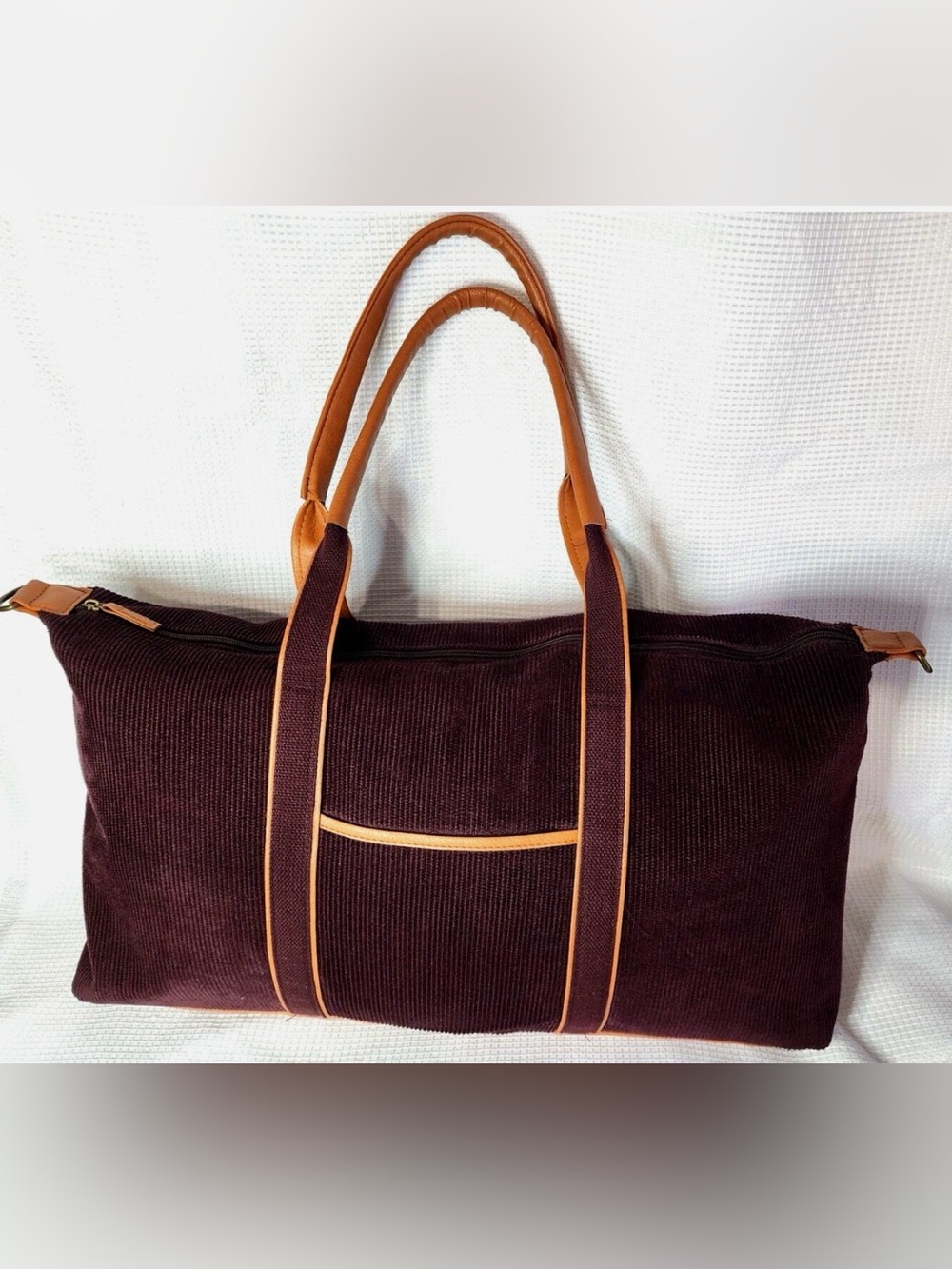 DSW Burgundy Corduroy Overnight Travel Bag/Carry On with Tan Trim